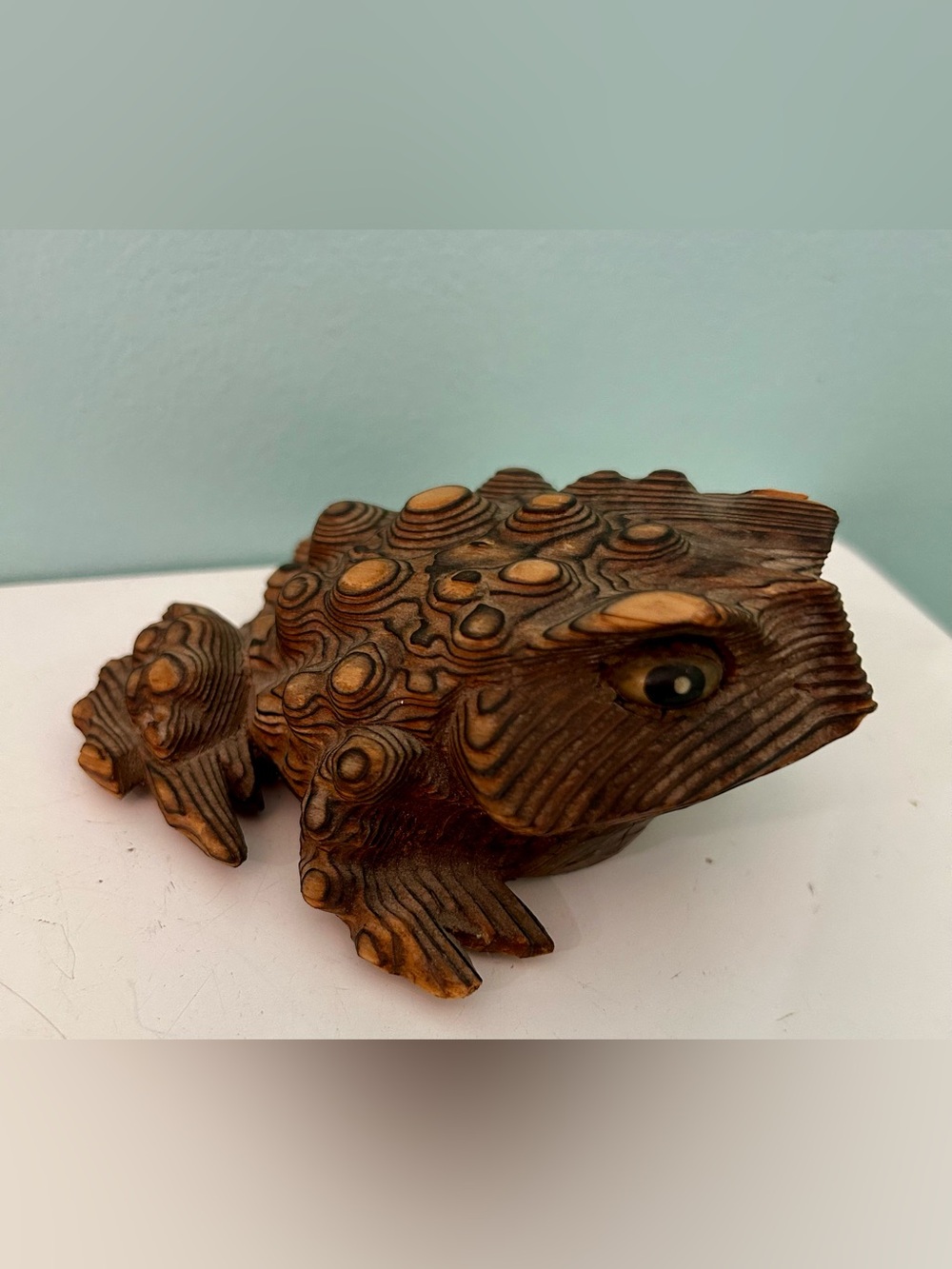 Vintage Cryptomeria Frog Statue Japanese Carved Wood Toad Figurine Art